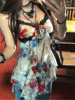 Floral Rosette V-Neck Ruffled Camisole Top in White with Red & Blue Accents